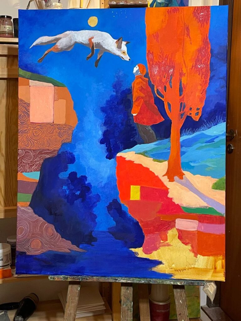 Above the Canyon - work in progress on the studio easel, acrylic on canvas