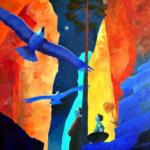 Canyon Meeting - acrylic on canvas 70x90 by Agata Sliwinska, two figures on separate ledges watching birds cross the canyon