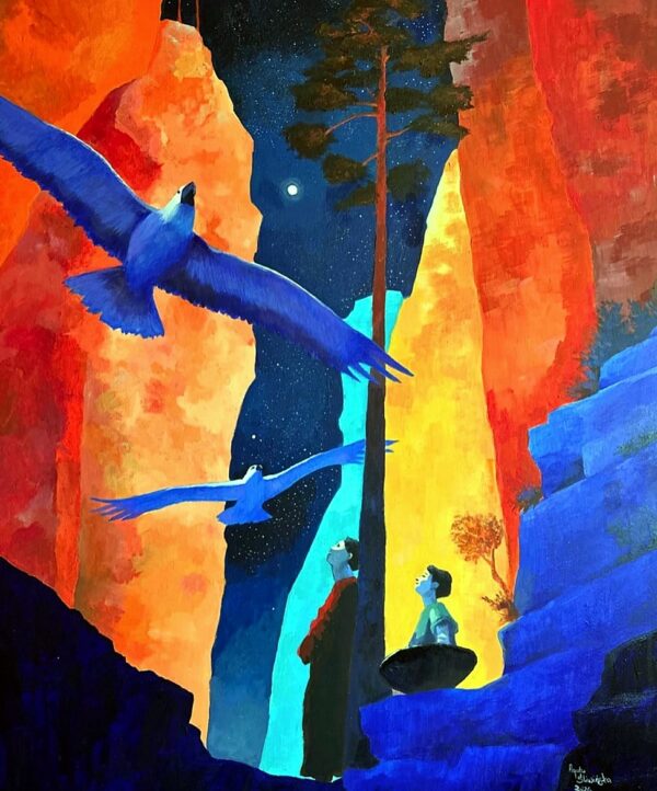 Canyon Meeting - acrylic on canvas 70x90 by Agata Sliwinska, two figures on separate ledges watching birds cross the canyon