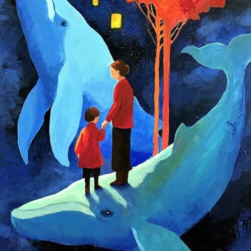 Whales Before Home - acrylic on canvas 80x60 by Agata Sliwinska, whales carrying a figure through a dark starry space