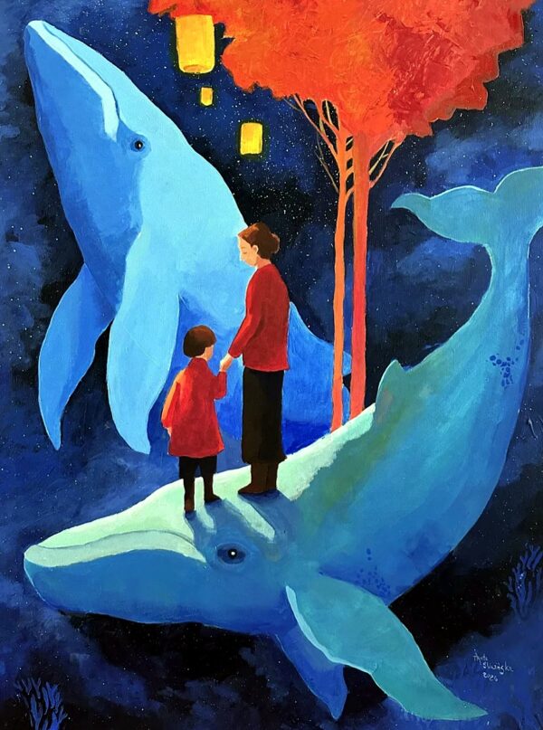 Whales Before Home - acrylic on canvas 80x60 by Agata Sliwinska, whales carrying a figure through a dark starry space